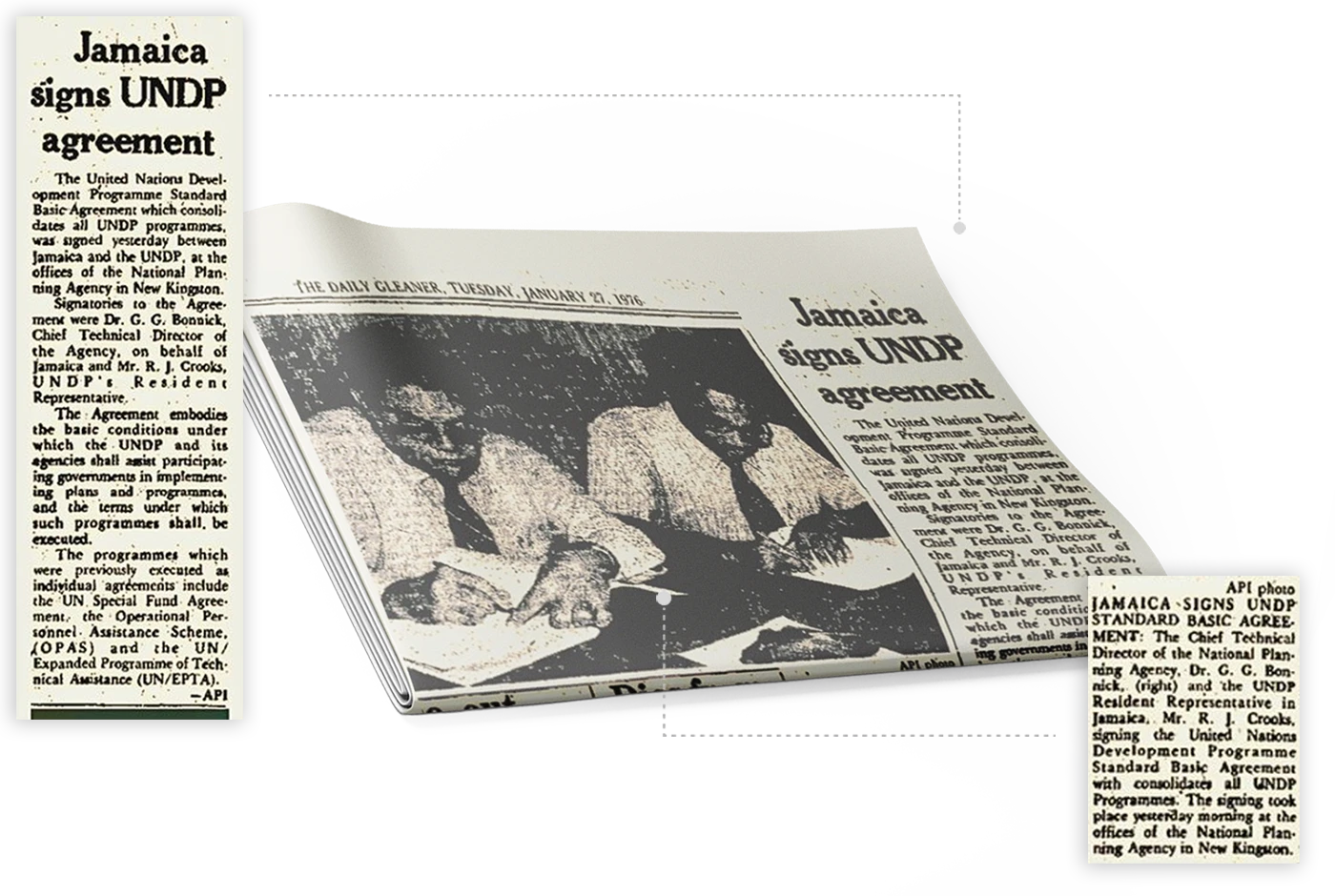 Montaje de recortes de prensa de la época sobre la firma de un acuerdo entre Jamaica y el PNUD, con una página de periódico inclinada, una fotografía en blanco y negro y fragmentos del artículo sobre fondo negro.