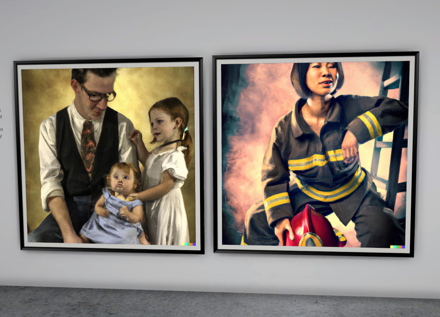 Two paintings are hung side by side on the wall; the first painting depicts a man dressed in a tie, waistcoat, and suit trousers taking care of two children. The second painting shows a woman in her firefighter outfit holding a helmet in her hands next to a ladder.