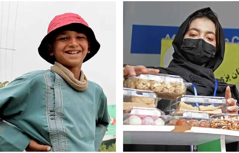 Split image: smiling child in a pink hat and teal clothing on the left; a woman wearing a black hijab and hygiene mask presenting trays of food on the right