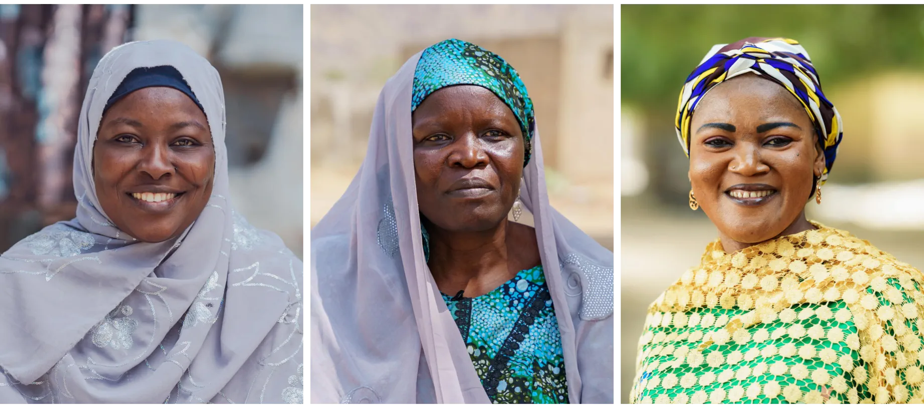 Portrait collage of three African women in colourful traditional headscarves and clothing, smiling at the camera.