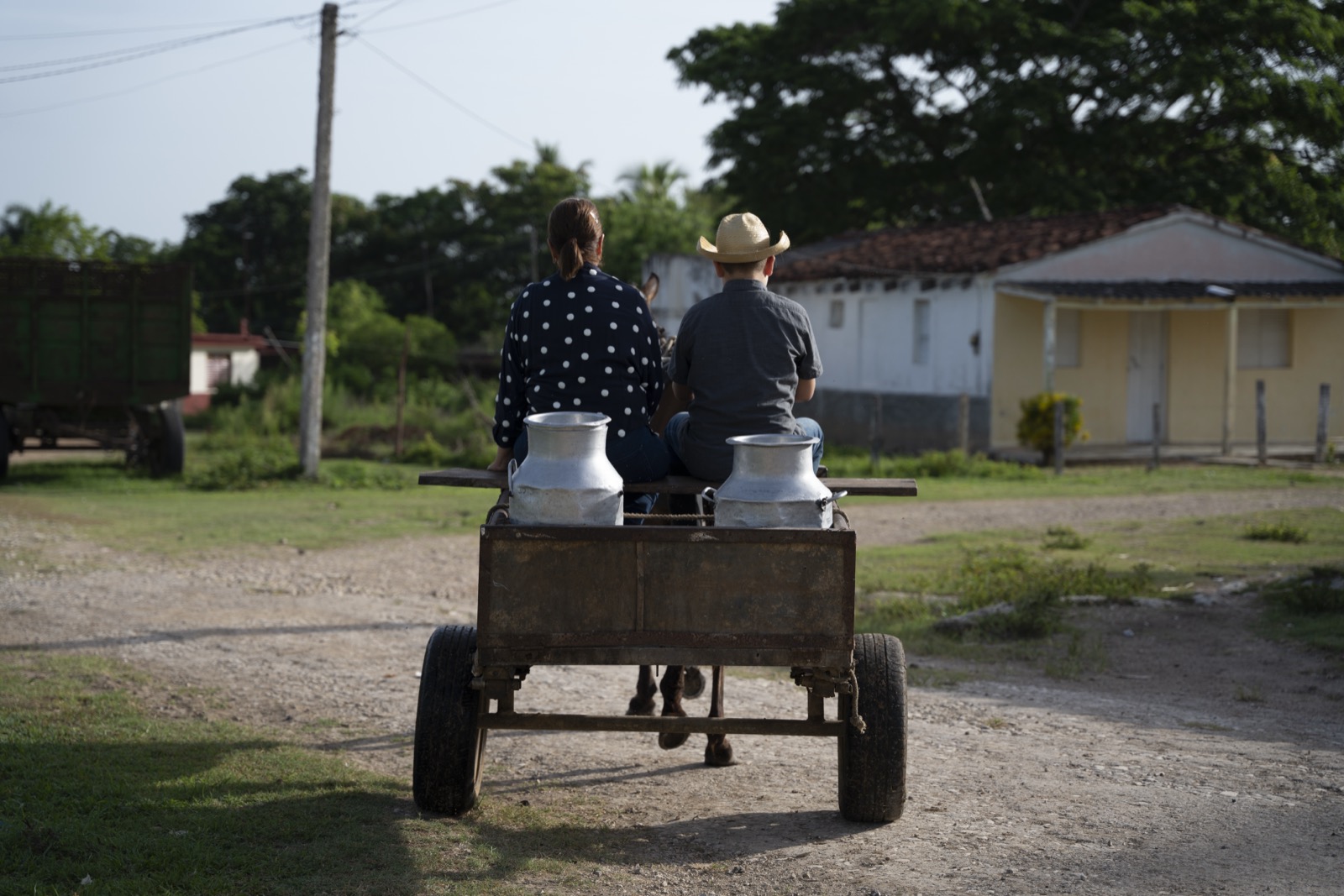 Two people ride in a horse-drawn cart, with milk containers in the back, surrounded by a scenic landscape.